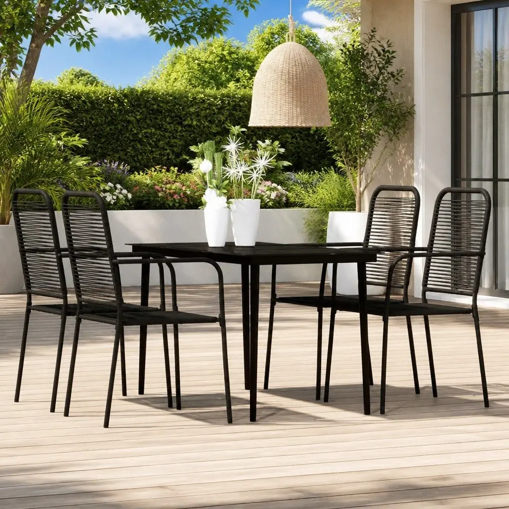 5 Piece Garden Dining Set Black Steel Frame Tempered Glass Table Twined Cotton Rope Chairs