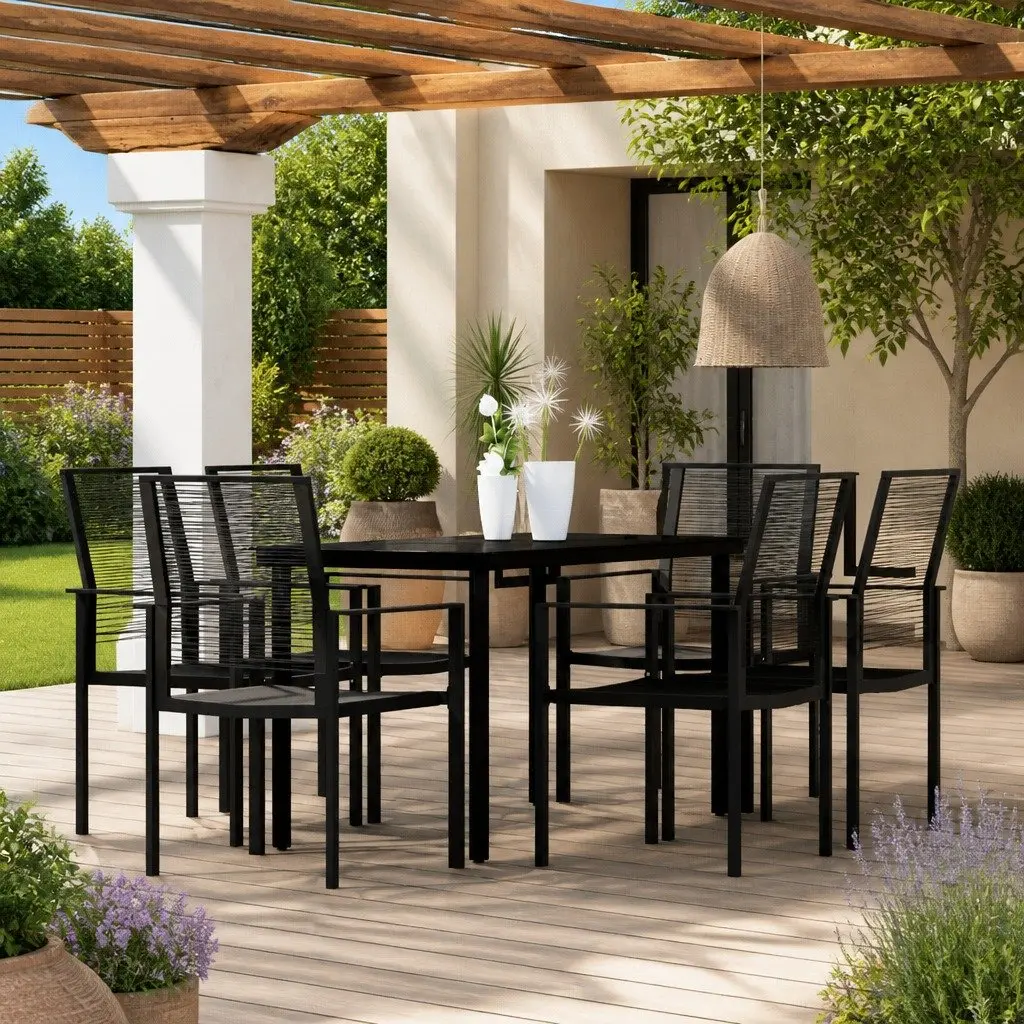 7 Piece Garden Dining Set Rattan Chairs Black Glass Table Durable Steel Frame