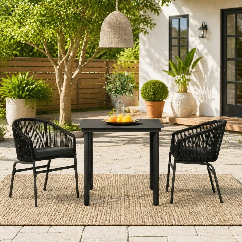 Outdoor Dining Set 3 Piece Black Rattan Chairs with Cushions and Glass Table for Garden Patio
