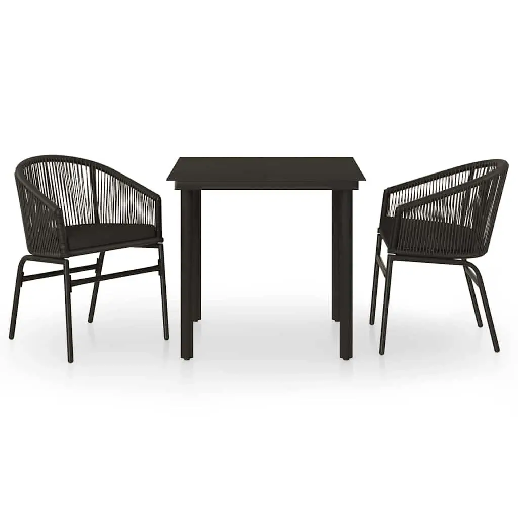 Outdoor Dining Set 3 Piece Black Rattan Chairs with Cushions and Glass Table for Garden Patio