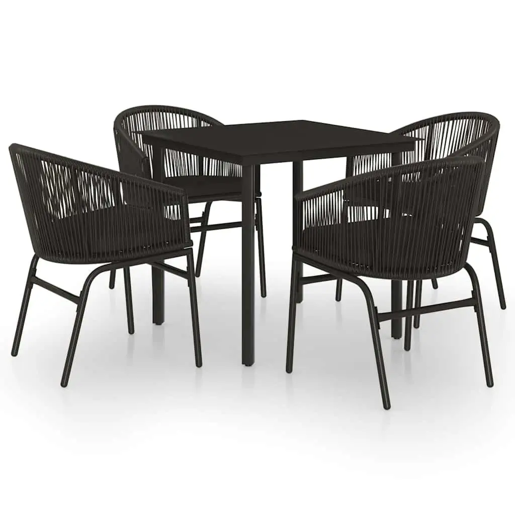 5 Piece Outdoor Dining Set Black Glass Table Steel Frame PVC Rattan Chairs