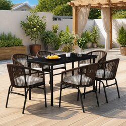 7 Piece Outdoor Garden Dining Set Brown Steel Frame Glass Table Rattan Chairs