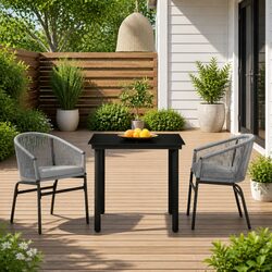 3 Piece Garden Dining Set Grey Outdoor Patio Furniture Steel Frame Glass Table