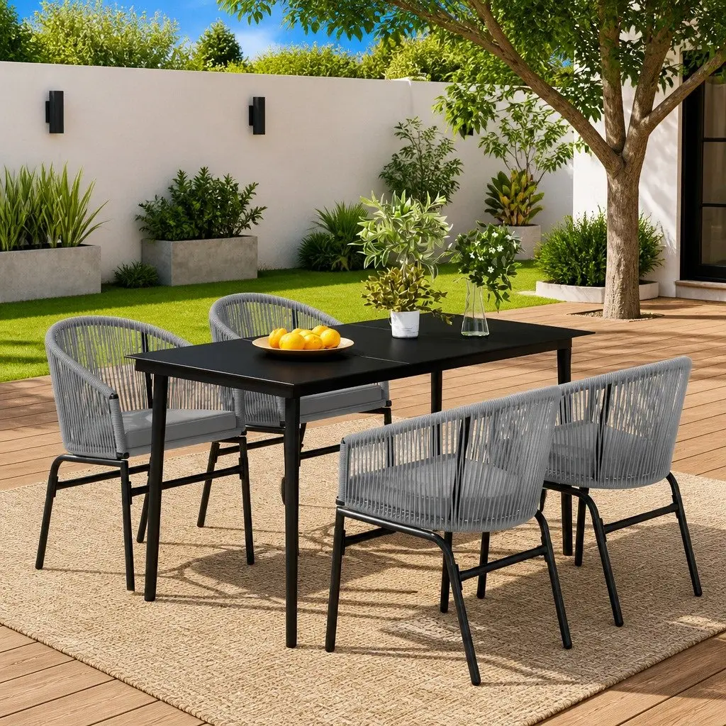 5 Piece Garden Dining Set Grey Steel Frame Glass Top Outdoor Patio Furniture