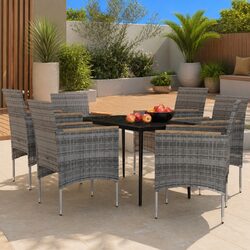 Outdoor Dining Set 7 Piece Table Chairs Cushions Grey Rattan Glass Patio