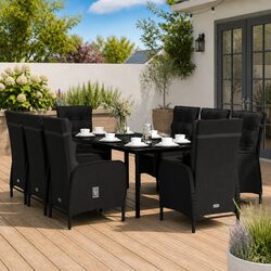 Garden Dining Set 9 Piece Outdoor Furniture Black Steel Rattan Chairs Glass