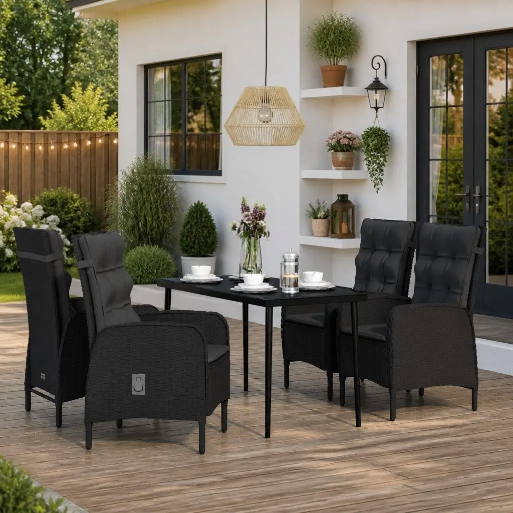 Outdoor Dining Set 5 Piece Black Steel Rattan Cushioned Chairs with Glass Tabletop