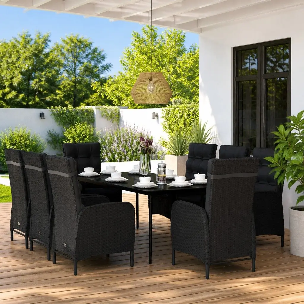 Garden Dining Set 9 Piece Outdoor Furniture Black Glass Table Water-Resistant PE Rattan Chairs Cushions