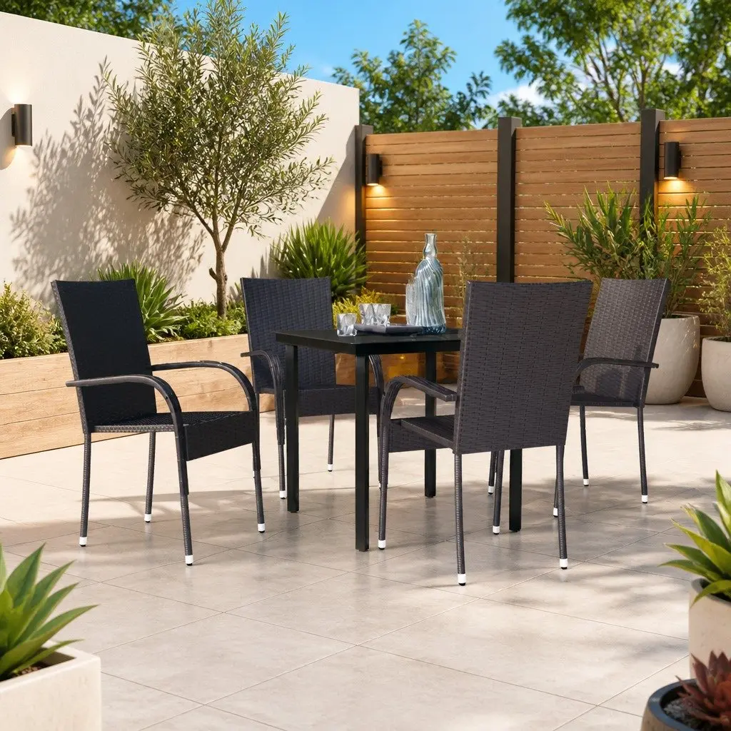 Outdoor Dining Set 5 Piece Black Steel Frame Glass Top Rattan Chairs Table