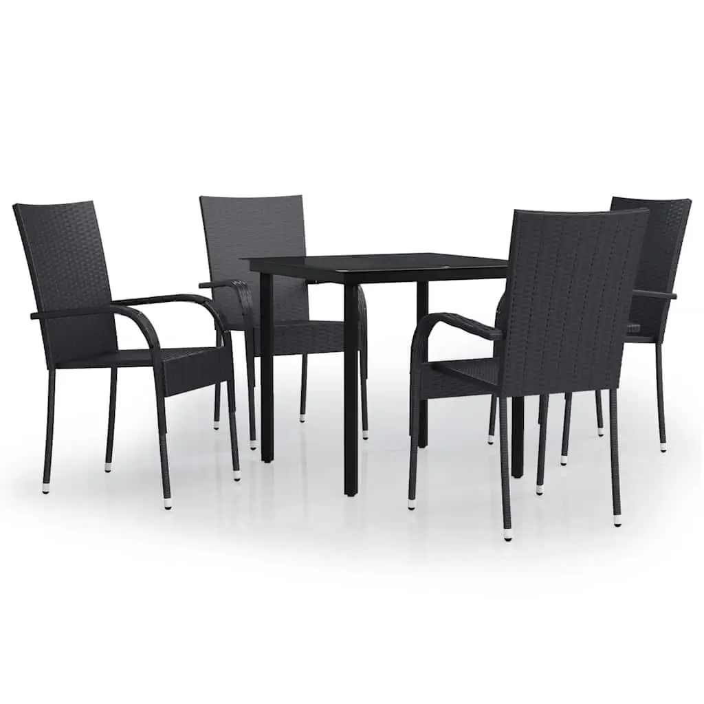 Outdoor Dining Set 5 Piece Black Steel Frame Glass Top Rattan Chairs Table