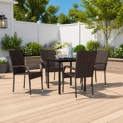 5 Piece Outdoor Dining Set Glass Table Steel Frame PE Rattan Chairs Brown