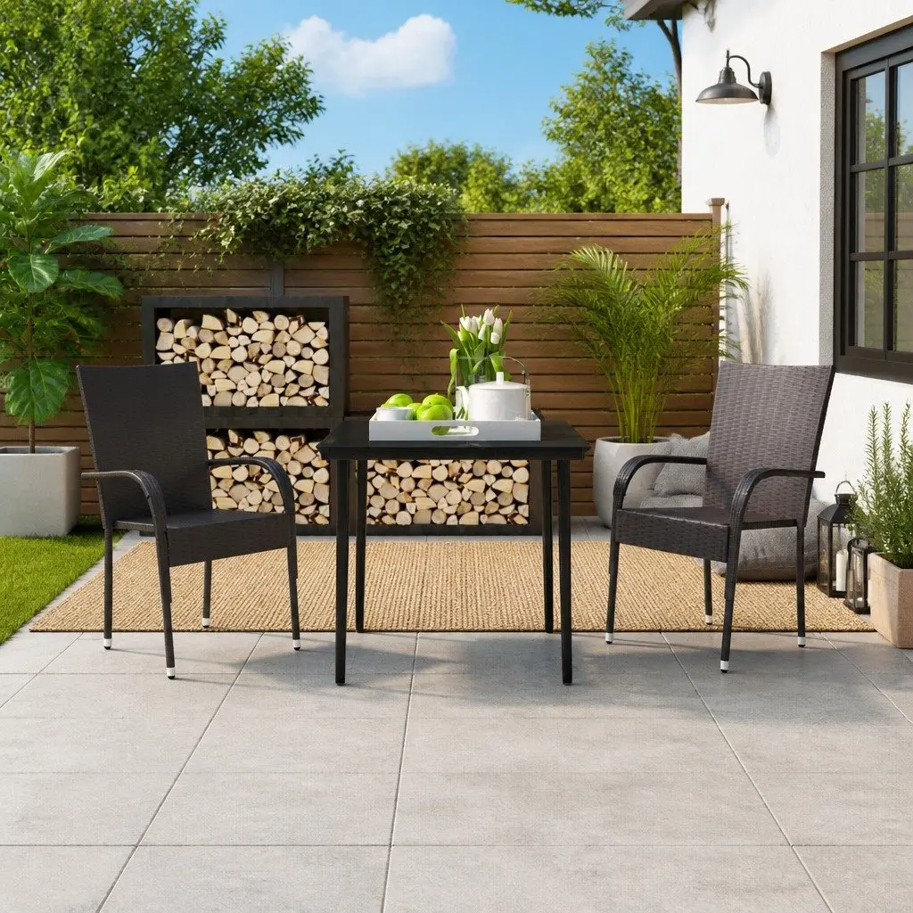 Garden Dining Set 3 Piece Outdoor Furniture Black Steel Rattan Chairs Glass Top