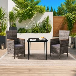 Outdoor 3-Piece Dining Set in Grey Rattan with Glass Table