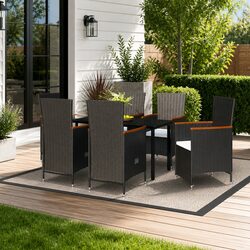 7 Piece Garden Dining Set Outdoor Patio Furniture Black Rattan Chairs Glass