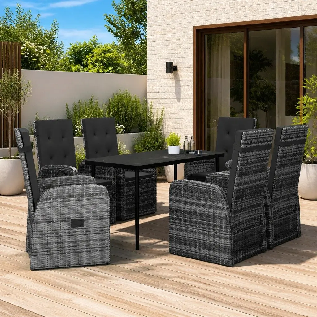 Garden Dining Set 7 Piece Outdoor Furniture Grey Patio Chairs Table with Adjustable Backrest and Footrest