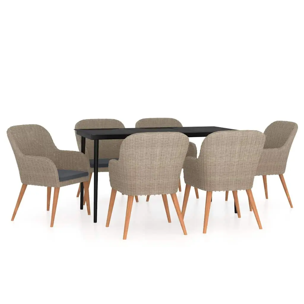 Outdoor Dining Set 7 Piece Brown Cushioned Rattan Chairs with Glass Table for Patio Garden