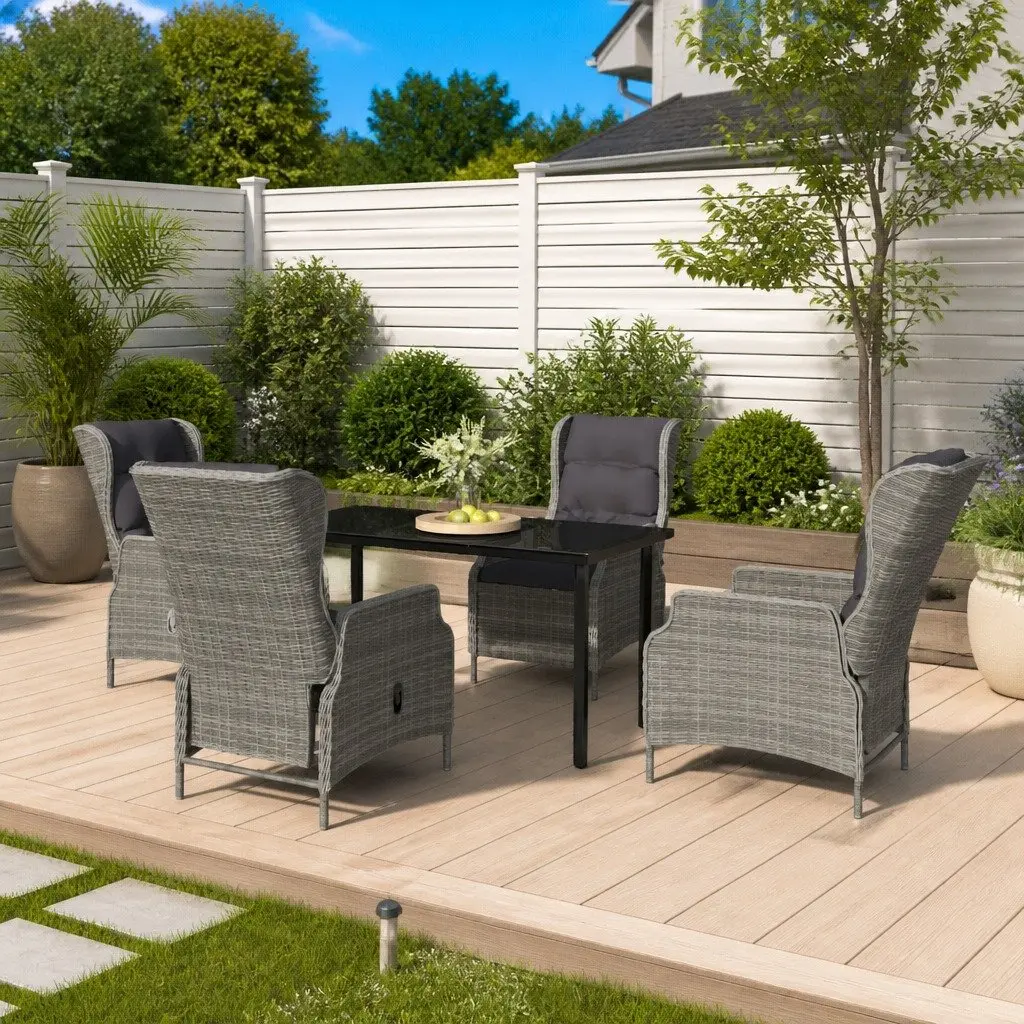 Outdoor Dining Set 5 Piece Grey Steel Frame Reclining Chairs with Cushions and Glass Table