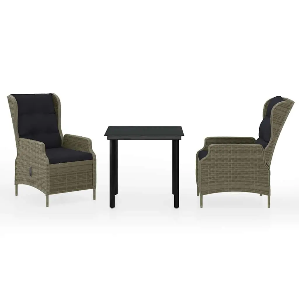 Outdoor Patio Dining Set 3 Piece with Adjustable Reclining Chairs and Glass Tabletop Brown