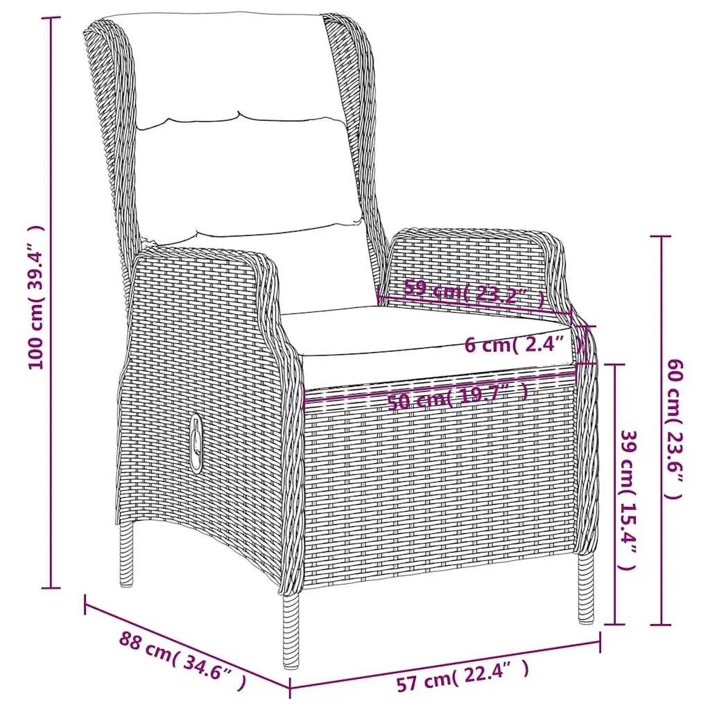 Outdoor Patio Dining Set 3 Piece with Adjustable Reclining Chairs and Glass Tabletop Brown