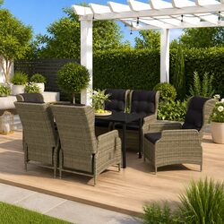 7 Piece Garden Dining Set Outdoor Patio Furniture Brown Reclining Chairs Glass
