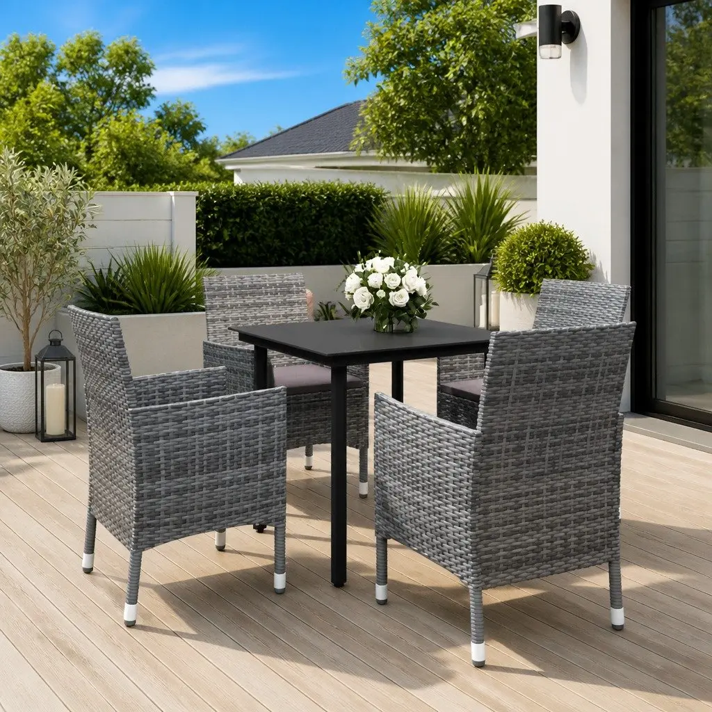 5 Piece Outdoor Garden Dining Set Glass Table Padded Rattan Chairs Grey