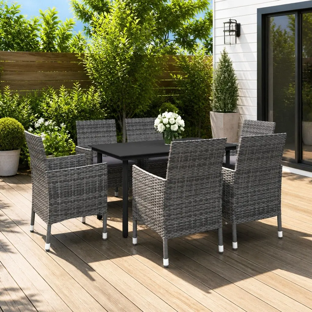 Garden Dining Set 7 Piece Outdoor Furniture Grey Weather-Resistant PE Rattan Glass Table Chairs