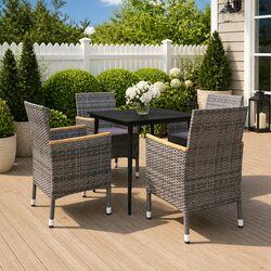 5 Piece Outdoor Dining Set Grey Poly Rattan Chairs Glass Table with Cushions