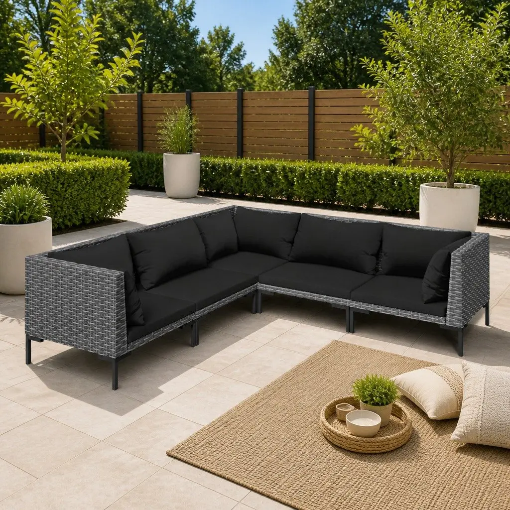 5 Piece Outdoor Lounge Set Grey Weather Resistant Rattan Cushions Lightweight Frame