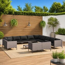 Garden Lounge Set 14 Piece Outdoor Furniture Grey Poly Rattan with Cushions Sofa