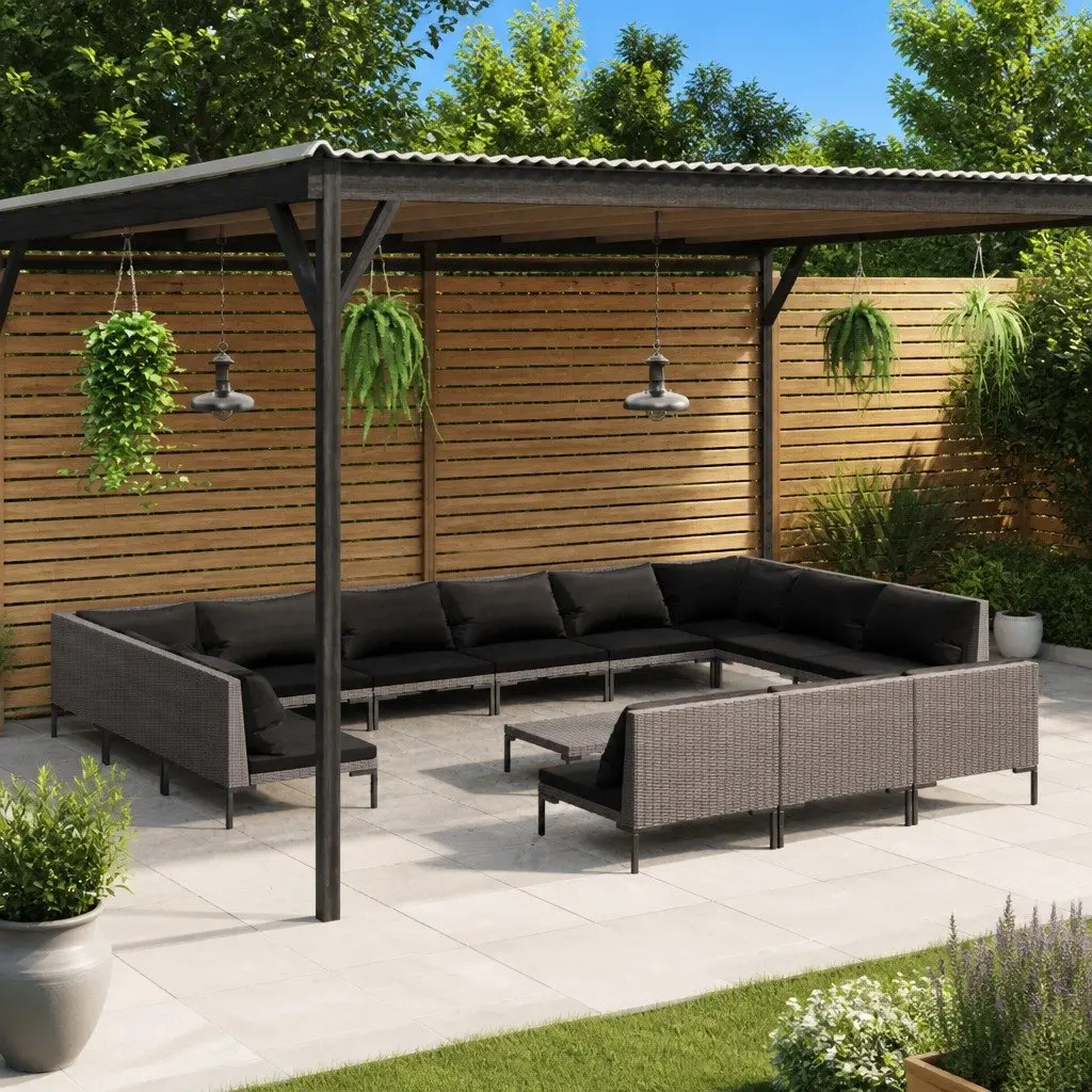 14 Piece Outdoor Lounge Set Grey Rattan Cushions Powder Coated Steel Frame Garden Furniture