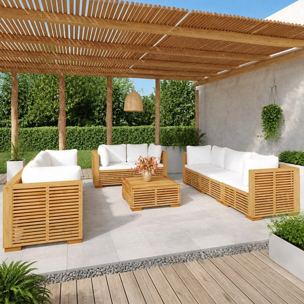 9 Piece Garden Lounge Set Solid Teak Wood Outdoor Furniture with Cushions Brown