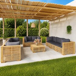 Garden Lounge Set 9 Piece Outdoor Furniture Teak Wood with Cushions Brown