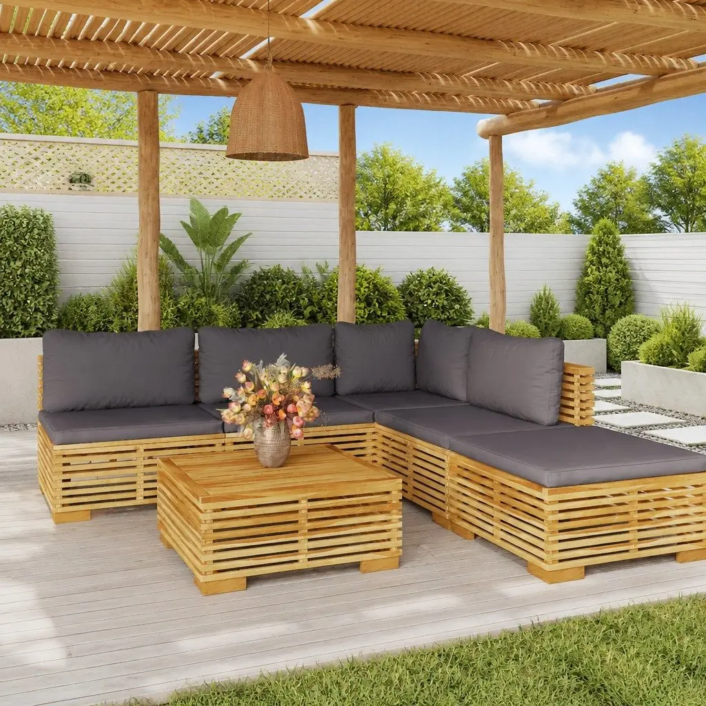 Garden Lounge Set 6 Piece Outdoor Furniture Teak Wood with Cushions Brown