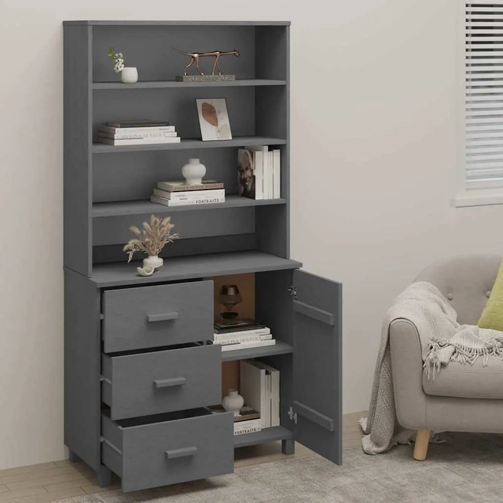 Wooden Highboard Storage Cabinet Grey Solid Pinewood Construction Doors Drawers Shelves