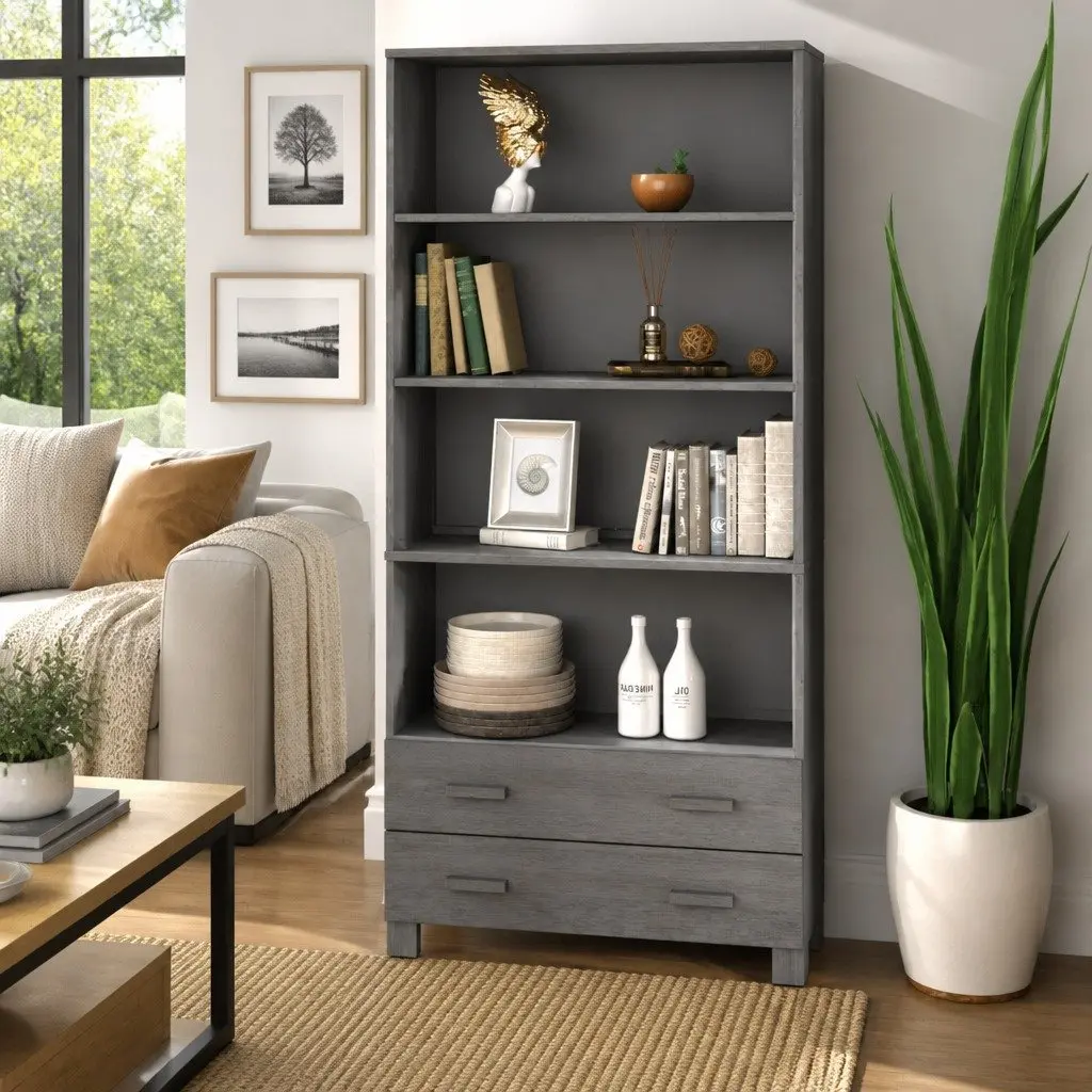 Solid Pine Wood Highboard Sideboard Grey Open Shelves Smooth Sliding Drawers
