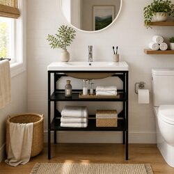 Bathroom Vanity Unit Washbasin Frame with Built-in Ceramic Basin Black Iron