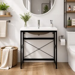 Bathroom Vanity Unit Washbasin Frame with Built-in Ceramic Basin Black Iron