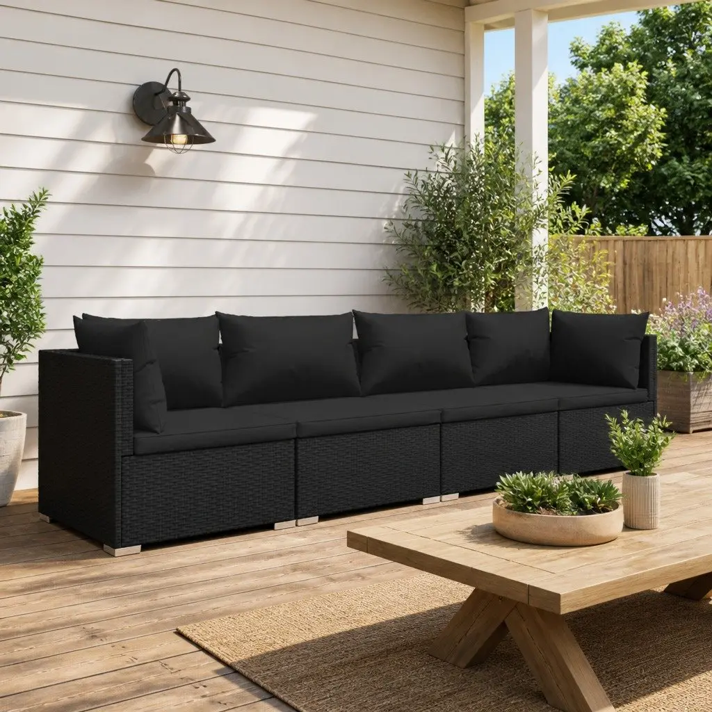 4 Piece Garden Lounge Set Outdoor Furniture Poly Rattan Black with Cushions