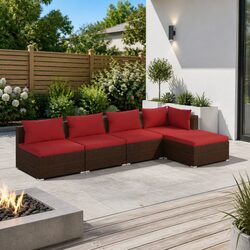 5 Piece Garden Lounge Set Outdoor Patio Furniture with Cushions PE Rattan Brown