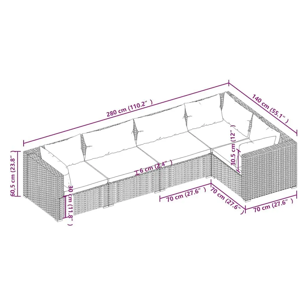 Garden Lounge Set 5 Piece Modular Outdoor Patio Furniture with Cushions Brown