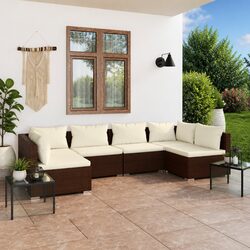 Garden Lounge Set 6 Piece Outdoor Furniture Poly Rattan Brown Modular Cushions