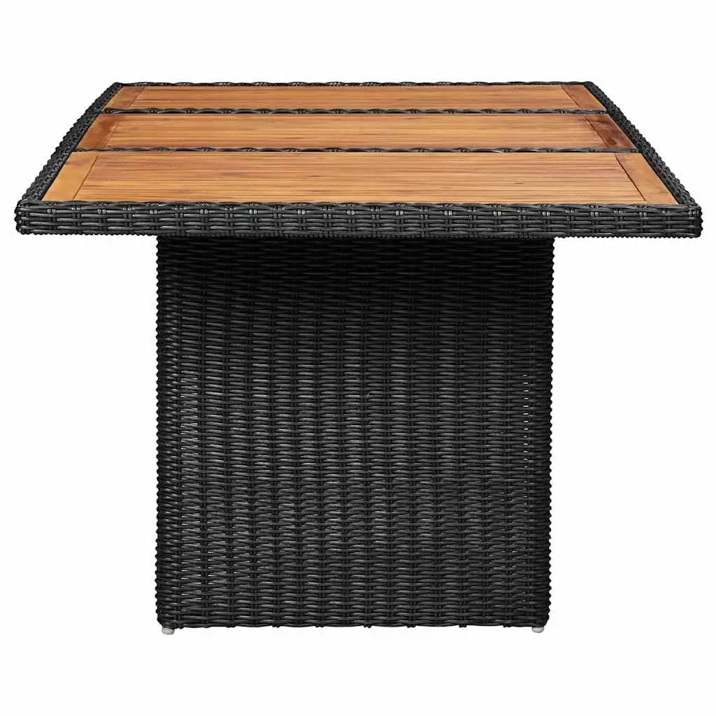 Outdoor Dining Table Black PE Rattan Steel Frame Acacia Wood Top Weather Resistant Lightweight