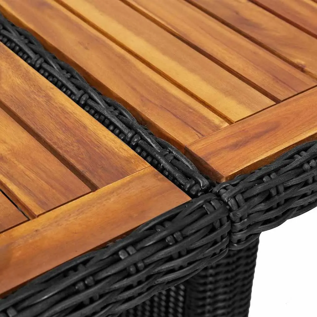 Outdoor Dining Table Black PE Rattan Steel Frame Acacia Wood Top Weather Resistant Lightweight