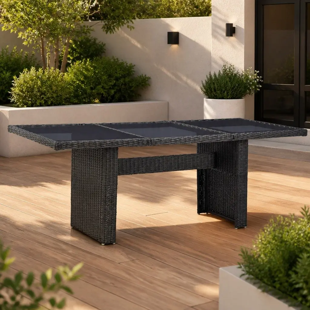 Garden Dining Table Black Glass Top PE Rattan Steel Frame Outdoor Furniture