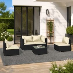 5 Piece Outdoor Garden Lounge Set Black PE Rattan Patio Furniture with Cushions
