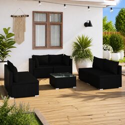 Garden Lounge Set 7 Piece Outdoor Patio Furniture PE Rattan Black with Cushions
