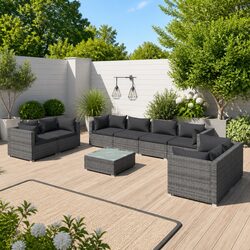 Garden Lounge Set 9 Piece Outdoor Patio Furniture Grey Rattan Sofa with Cushions