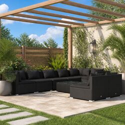 Garden Lounge Set 9 Piece Outdoor Patio Furniture Black Poly Rattan Modular Sofa