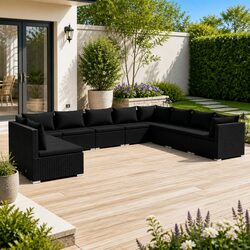 10 Piece Garden Lounge Set Outdoor Patio Furniture Black Poly Rattan Modular