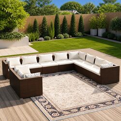 Garden Lounge Set 10 Piece Outdoor Sofa Brown Poly Rattan Modular Patio
